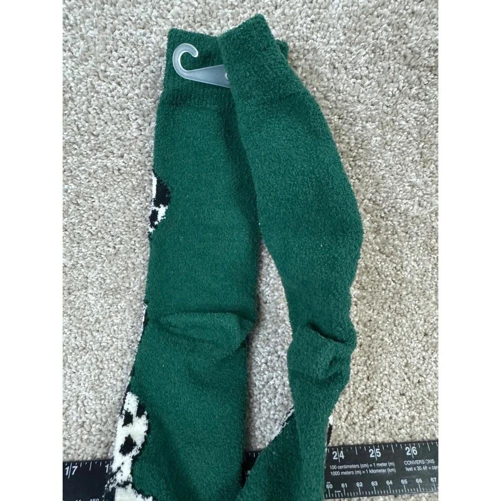 Green Fuzzy Dalmatian Dog Red Scarf Christmas Holiday Cozy Crew Socks